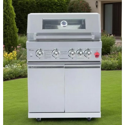 BIRGUSAI  Portable Modern Style Stainless Steel Propane Rotisserie BBQ Grill Trolley 4 Burners Infrared Back Burner for Outdoor Party